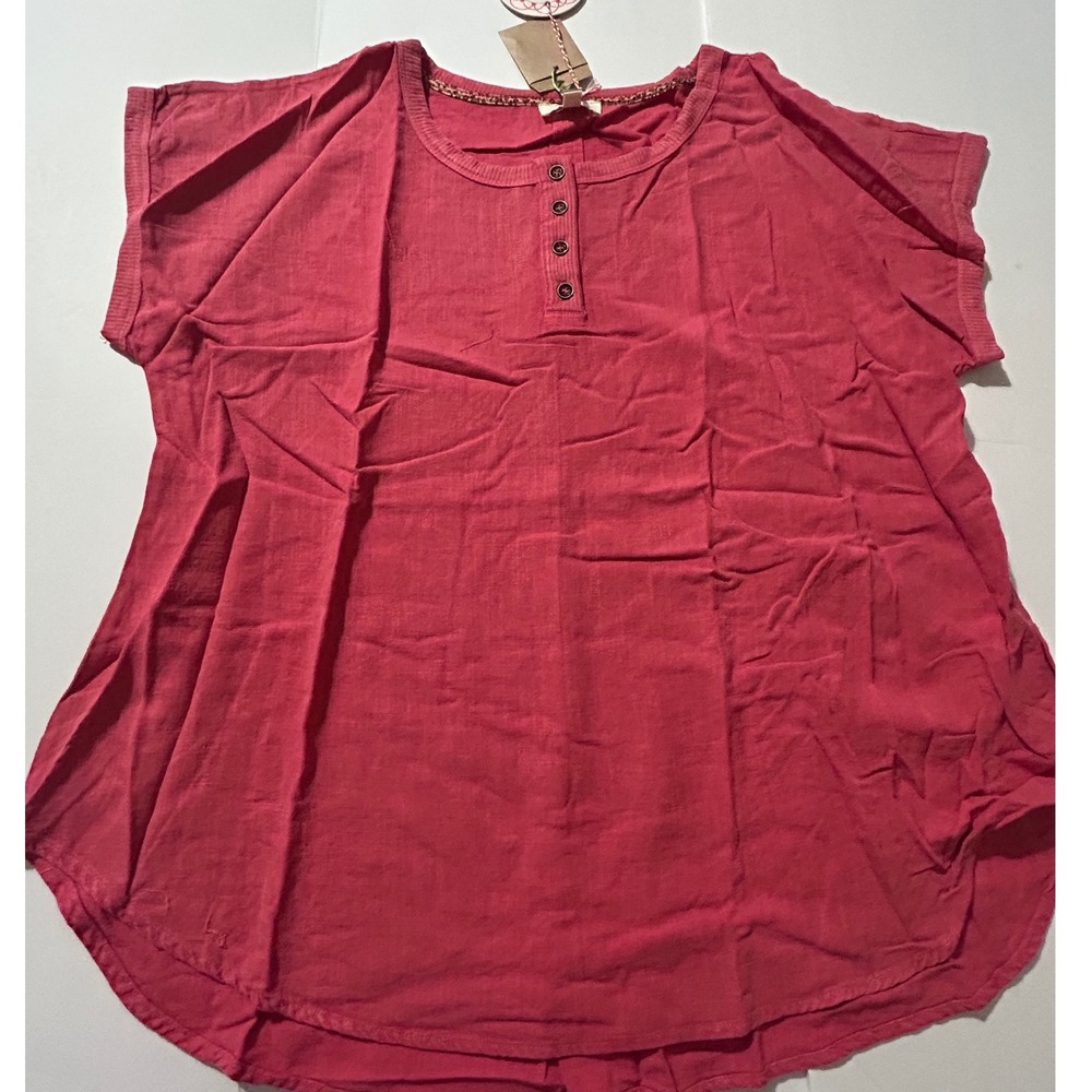 Umgee USA Rose Pink Linen Blend Henley Top Short Sleeve Oversized Large R0859